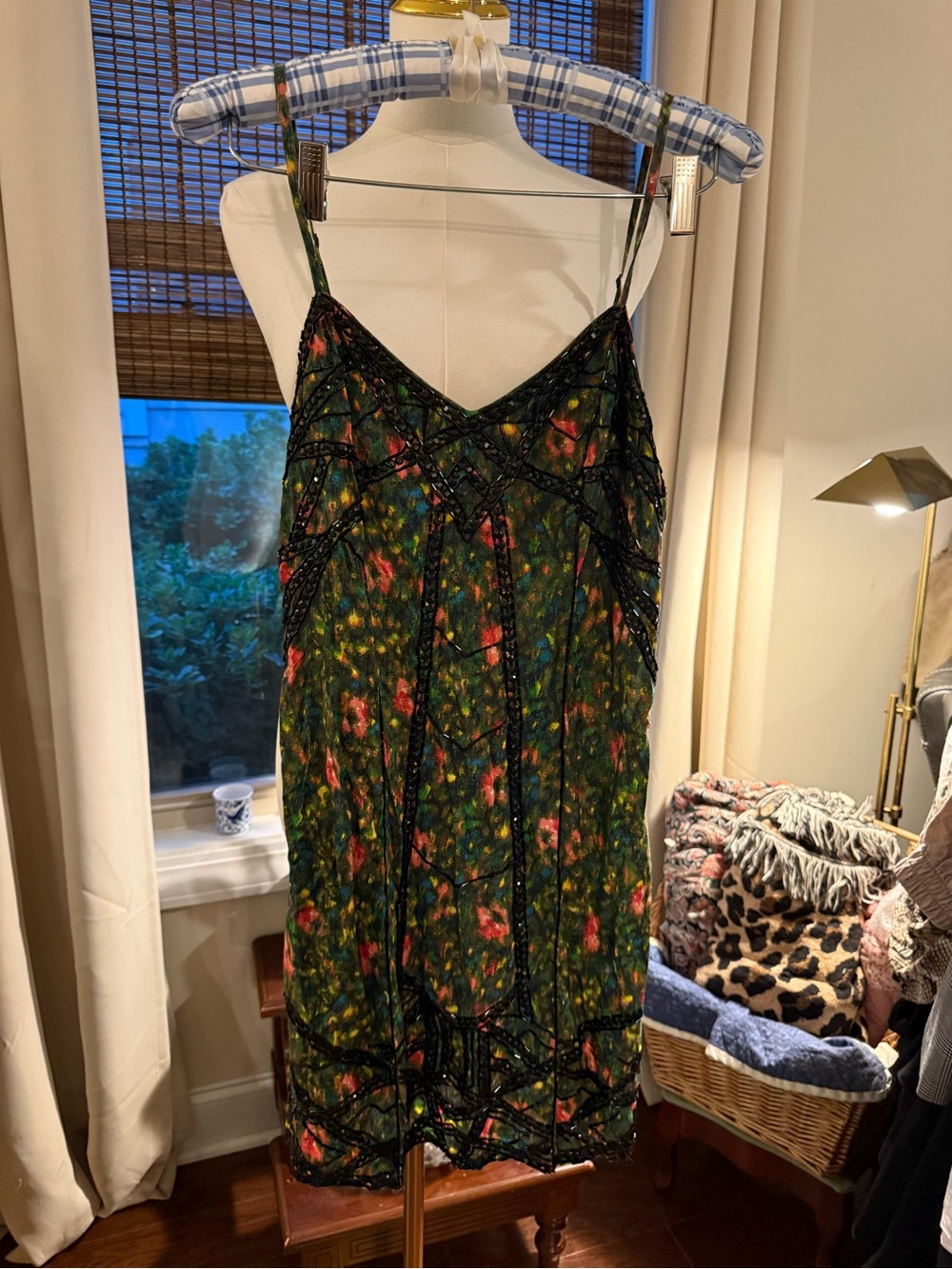 Free People Green Floral Beaded Slip Midi Dress